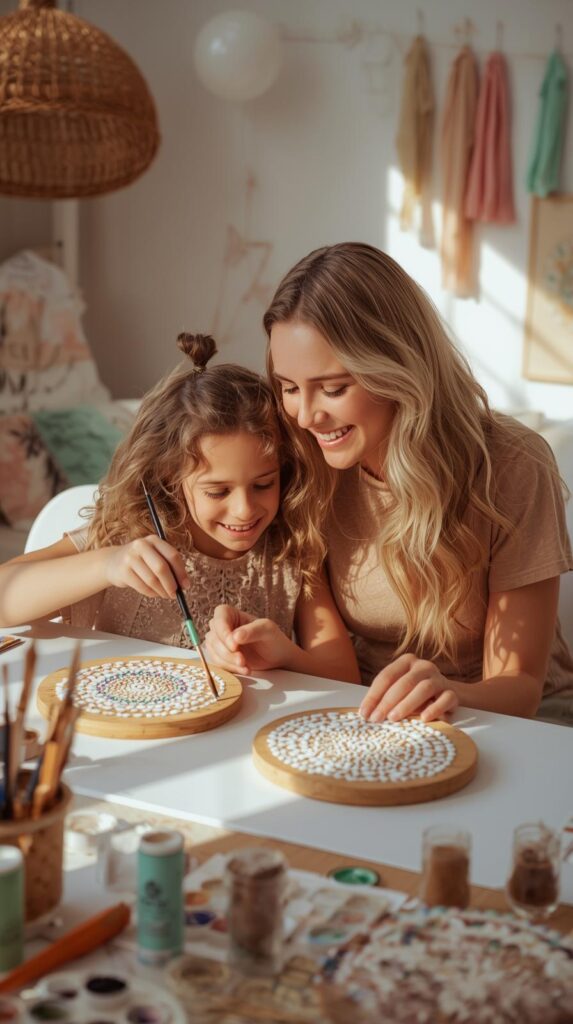 Mother and daughter creating colorful mandala artworks with brushes and paints at Mandala Vibes’ Parent & Child workshop in Naxxar.