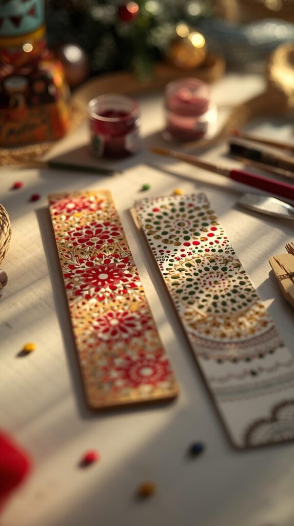 Artist painting mandala dot art on a wooden bookmark, festive holiday atmosphere, Malta workshop.