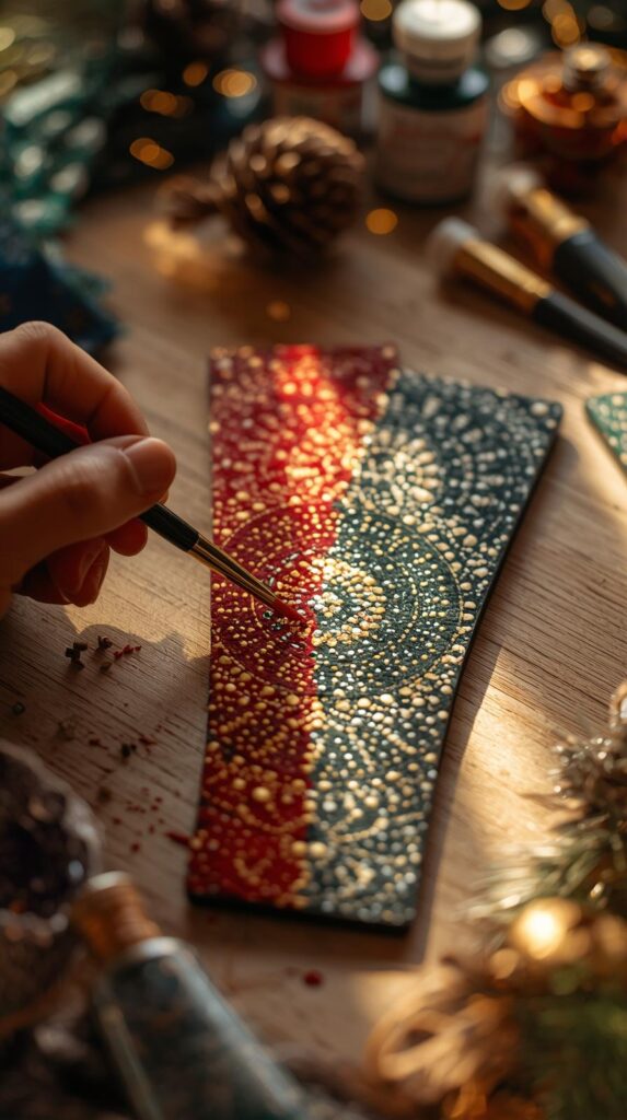 Mandala bookmarks decorated with dot art in red and green tones, surrounded by paintbrushes and pine branches.