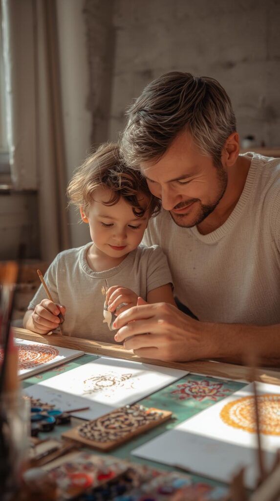 Father and child painting mandala dot art together in natural light during the Parent & Child Mandala Session in Malta.