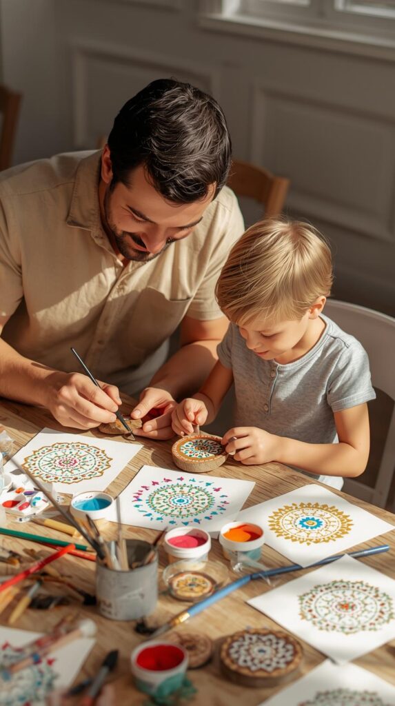 Father and child painting mandala dot art together in natural light during the Parent & Child Mandala Session in Malta.