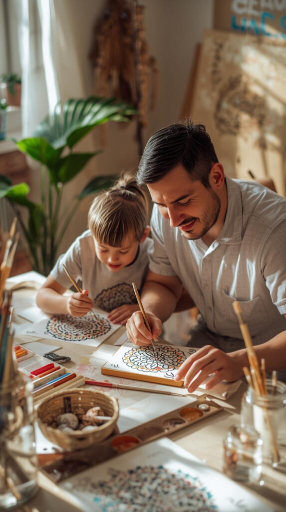 Father and child painting mandala dot art together in natural light during the Parent & Child Mandala Session in Malta.
