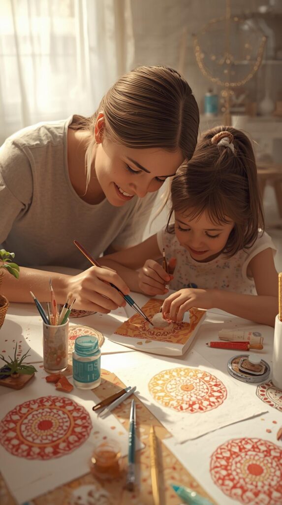 Mother and daughter creating colorful mandala artworks with brushes and paints at Mandala Vibes’ Parent & Child workshop in Naxxar.