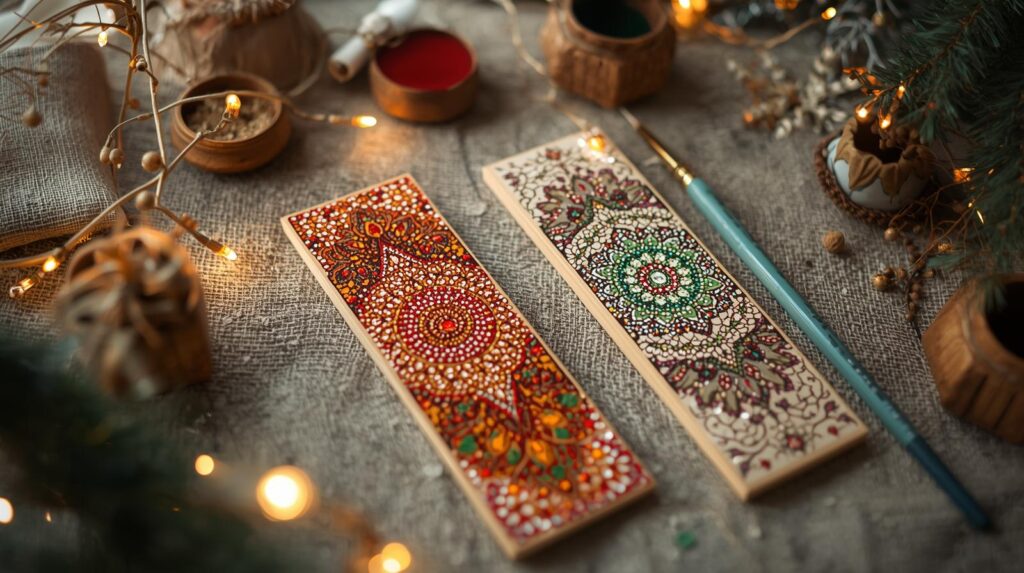 Finished mandala bookmarks with detailed dot patterns, symbolizing mindfulness and creativity.