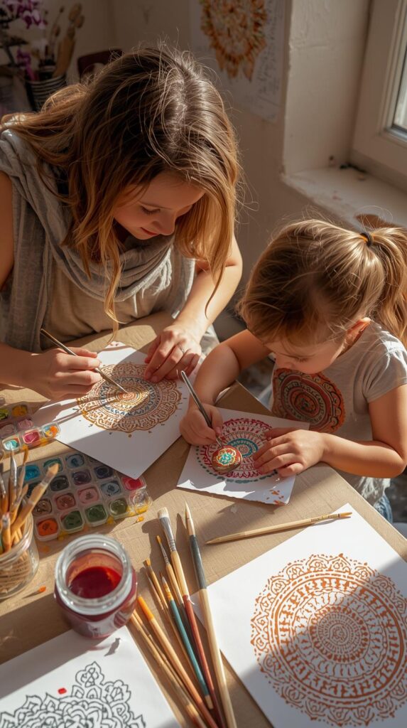 Mother and daughter creating colorful mandala artworks with brushes and paints at Mandala Vibes’ Parent & Child workshop in Naxxar.