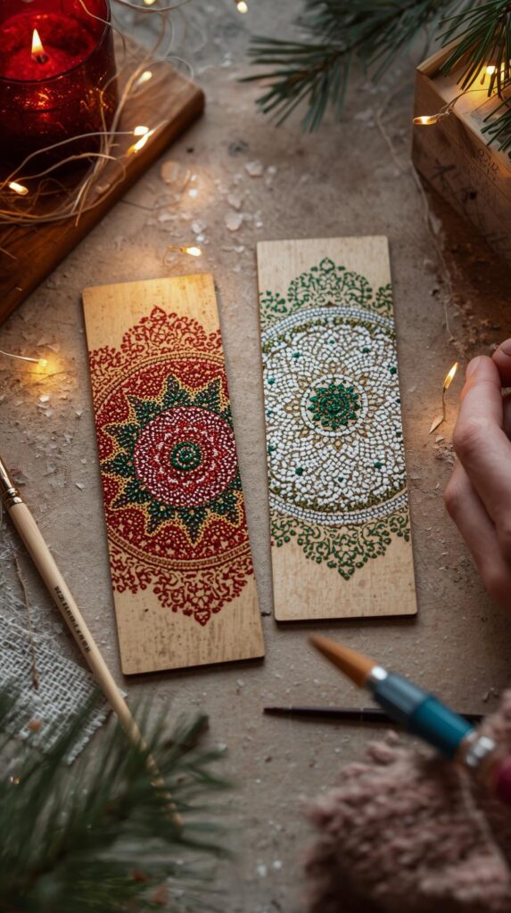 Hand-painted mandala bookmark in Christmas colors β red, gold and green dots on wood surface, Malta workshop.